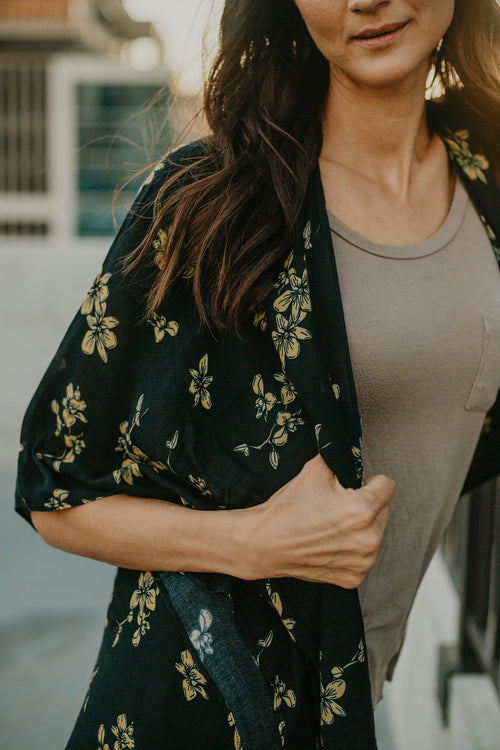 Orchid Flower Black Kimono