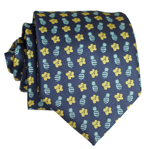 Pineapple Hibiscus Loose Blue/Yellow Modern Necktie